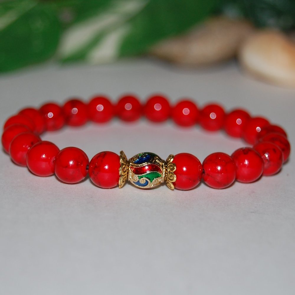 Red Howlite Bracelet,Tibetan Bracelet,Coral Brass focal Charm,8mm Beads